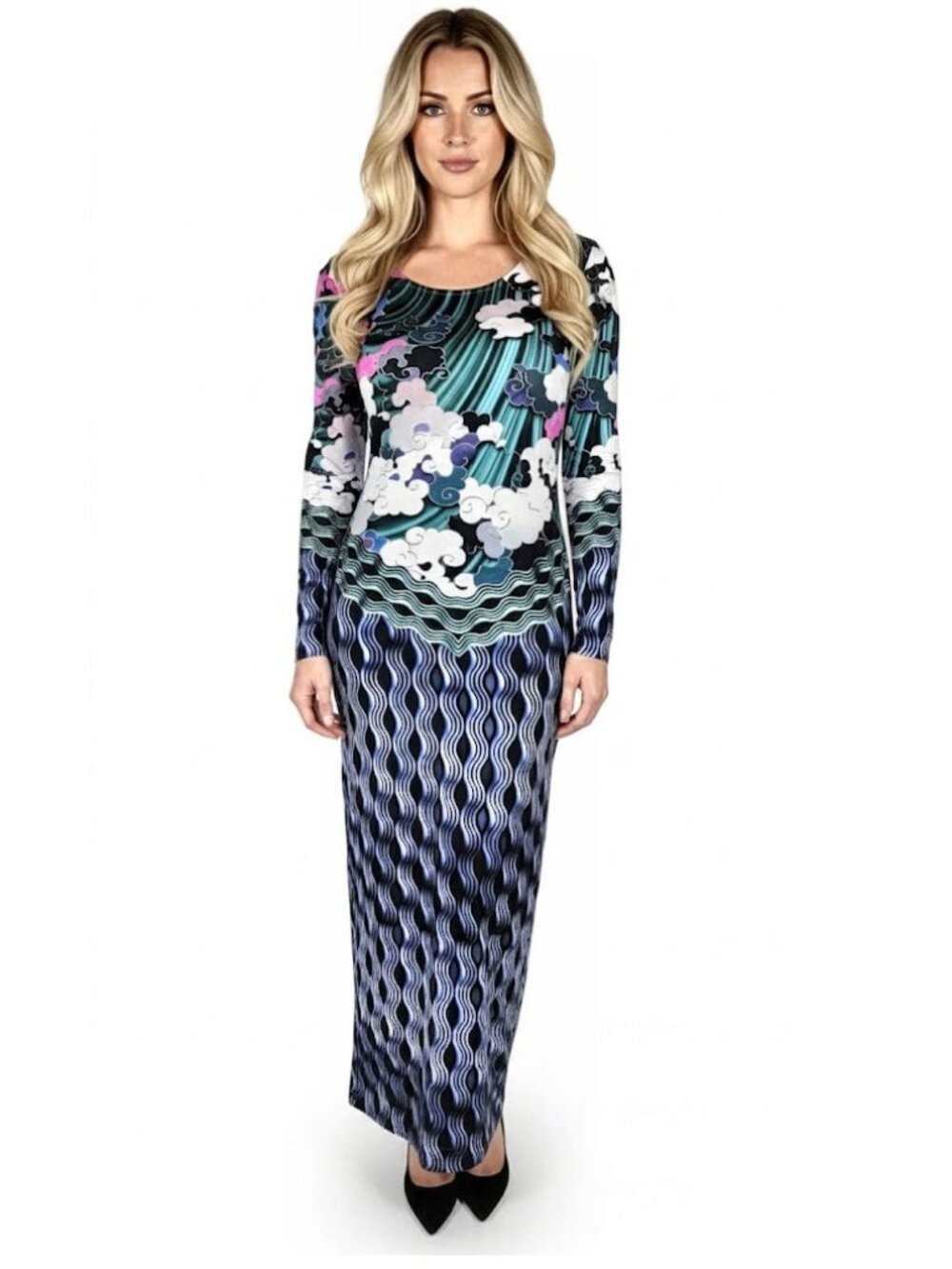 Mary Katrantzou Cloud Print Long Sleeve Jersey Bodycon Midi Dress Size S